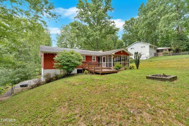 308 Cardinal Ln, Bristol, TN 37620 - rear view of house with a sunroom, a deck, and a fire pit
