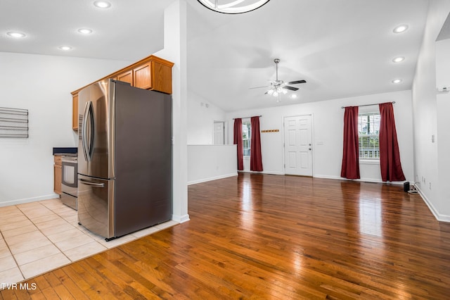 216 Mockingbird Pl, Jonesborough, TN 37659 - kitchen with freestanding refrigerator, light wood-style floors, a ceiling fan, recessed lighting, and stove