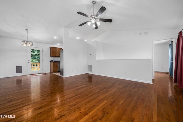 216 Mockingbird Pl, Jonesborough, TN 37659 - unfurnished living room with dark wood finished floors, vaulted ceiling, ceiling fan, and recessed lighting