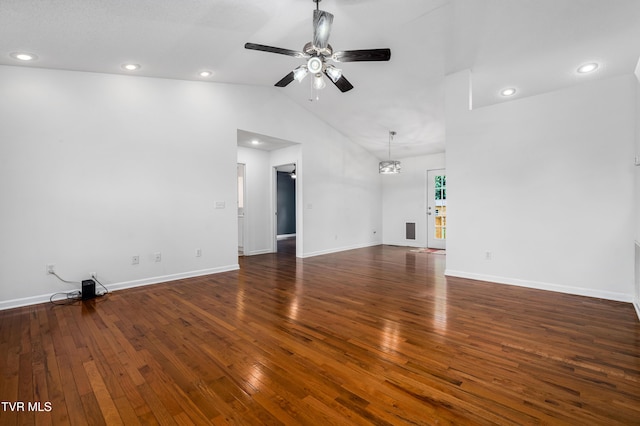 216 Mockingbird Pl, Jonesborough, TN 37659 - unfurnished living room featuring a ceiling fan, wood-type flooring, lofted ceiling, and recessed lighting