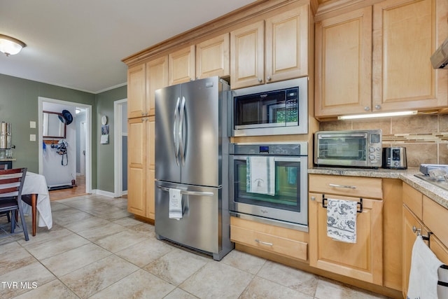 312 Timberlane Rd, Bristol, TN 37620 - kitchen with stainless steel appliances, light brown cabinetry, backsplash, ornamental molding, and light tile patterned flooring