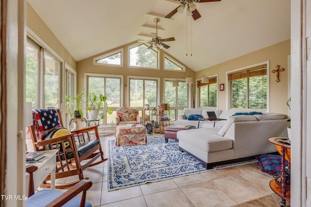 312 Timberlane Rd, Bristol, TN 37620 - living area with healthy amount of natural light, vaulted ceiling, a ceiling fan, and light tile patterned floors