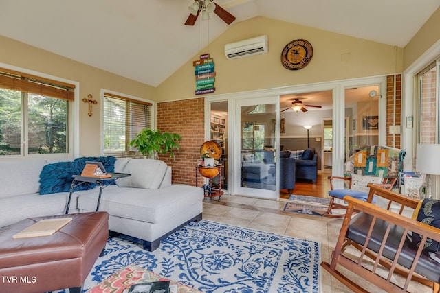 312 Timberlane Rd, Bristol, TN 37620 - living area featuring ceiling fan, a wall unit AC, high vaulted ceiling, and light tile patterned flooring