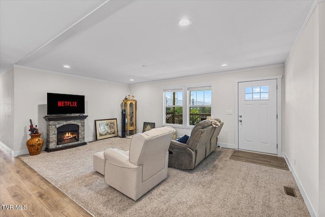145 Oakwood Dr Way, Newport, TN 37821 - living area with crown molding, recessed lighting, a fireplace, light wood finished floors, and light carpet