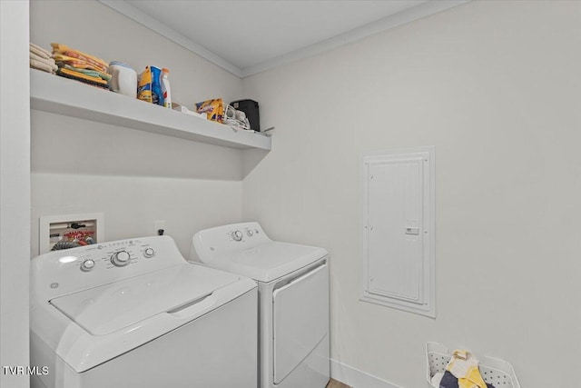 145 Oakwood Dr Way, Newport, TN 37821 - laundry room with electric panel, washing machine and dryer, and crown molding
