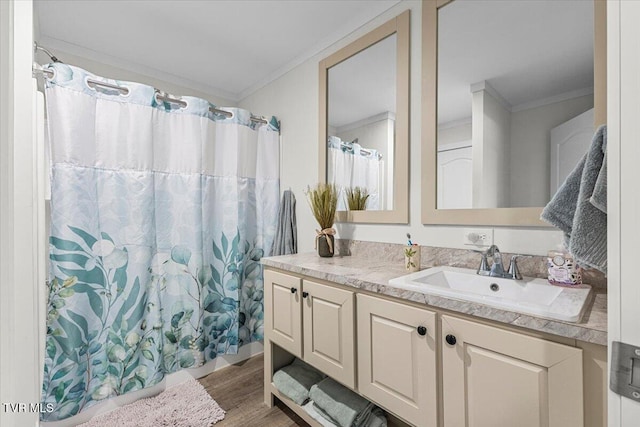145 Oakwood Dr Way, Newport, TN 37821 - full bath with ornamental molding, wood finished floors, vanity, and curtained shower
