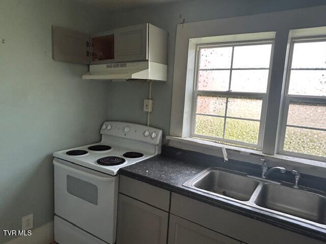 938 Barker St, Bristol, TN 37620 - kitchen with white range with electric stovetop, under cabinet range hood, healthy amount of natural light, and dark countertops