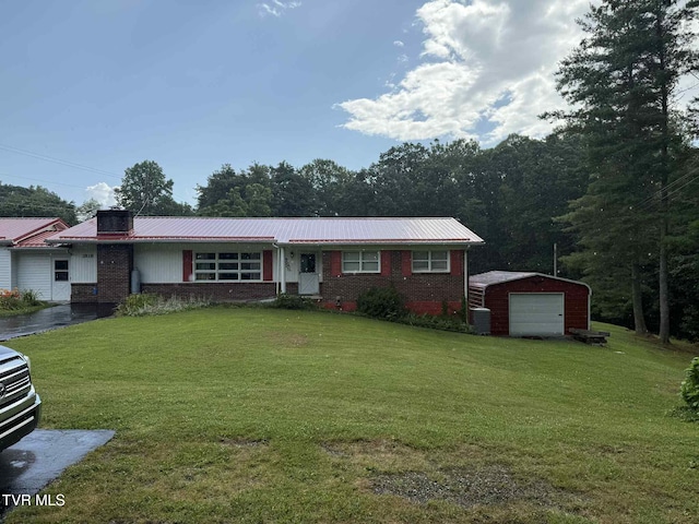 2818 Dungannon Rd, Coeburn, VA 24230 - ranch-style home with brick siding, a metal roof, a front lawn, and an outbuilding