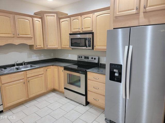 63 Whisper Bnd Unit 1, Johnson City, TN 37604 - kitchen featuring appliances with stainless steel finishes, light brown cabinetry, dark countertops, and light tile patterned floors
