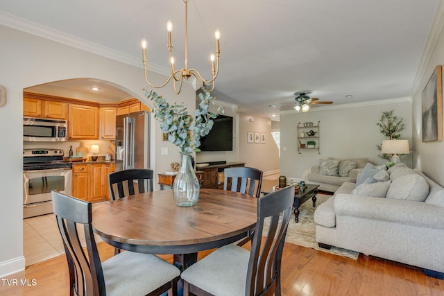417 Piper Gln, Gray, TN 37615 - dining room with arched walkways, crown molding, ceiling fan, light wood finished floors, and recessed lighting