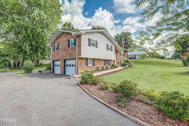 107 Dover Ln, Bristol, TN 37620 - view of property exterior featuring a garage, driveway, brick siding, a lawn, and a chimney