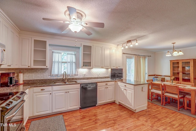 107 Dover Ln, Bristol, TN 37620 - kitchen featuring dishwasher, stainless steel electric range, a textured ceiling, crown molding, and a chandelier