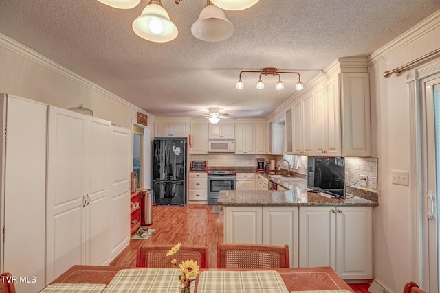 107 Dover Ln, Bristol, TN 37620 - kitchen featuring freestanding refrigerator, electric stove, white microwave, backsplash, and crown molding