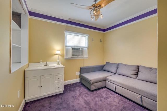 522 Alabama St, Bristol, TN 37620 - living area with cooling unit, ceiling fan, crown molding, and dark carpet