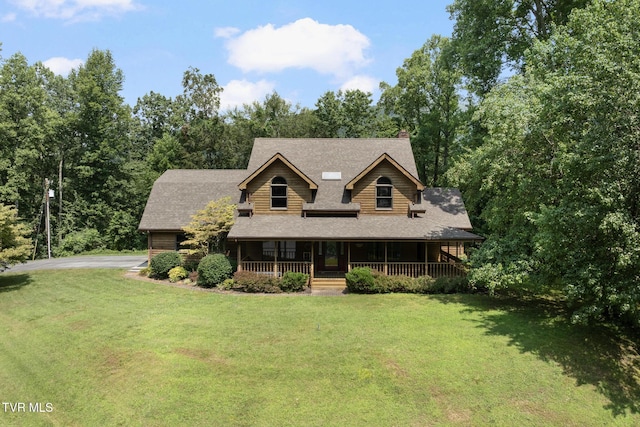 2019 Ridgeview Dr, Big Stone Gap, VA 24219 - view of front of house with covered porch, driveway, a front lawn, roof with shingles, and a chimney