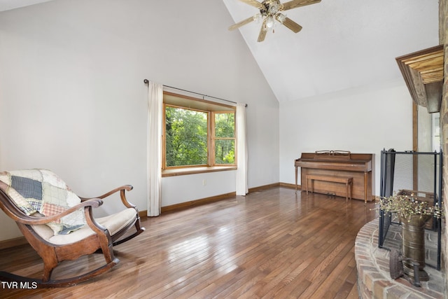 2019 Ridgeview Dr, Big Stone Gap, VA 24219 - living area featuring high vaulted ceiling, ceiling fan, and hardwood / wood-style floors