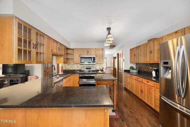 2019 Ridgeview Dr, Big Stone Gap, VA 24219 - kitchen featuring appliances with stainless steel finishes, tasteful backsplash, a peninsula, glass insert cabinets, and dark wood-style floors
