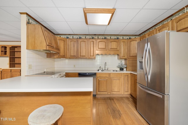 2019 Ridgeview Dr, Big Stone Gap, VA 24219 - kitchen featuring stainless steel appliances, a peninsula, light wood-style floors, backsplash, and a paneled ceiling