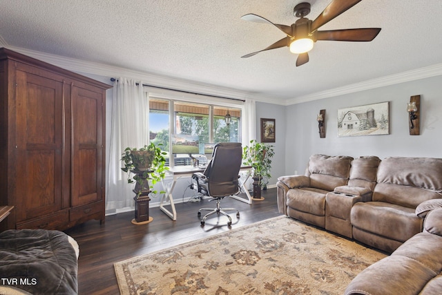 188 Mcarthur Cir, Bristol, VA 24201 - living room with ceiling fan, dark wood-style floors, ornamental molding, a textured ceiling, and an office area