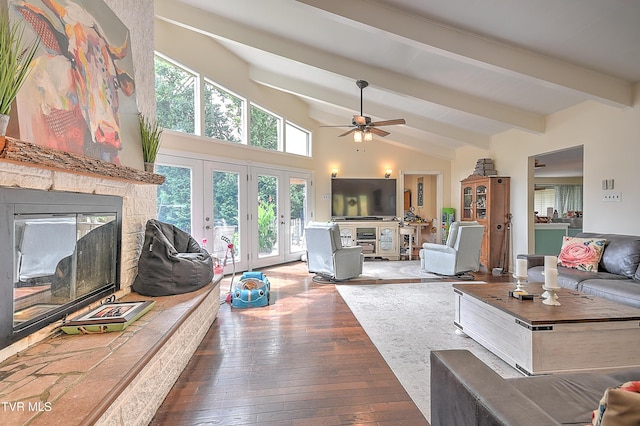 1108 Glen St, Bristol, TN 37620 - living area featuring a fireplace, wood-type flooring, french doors, and a ceiling fan
