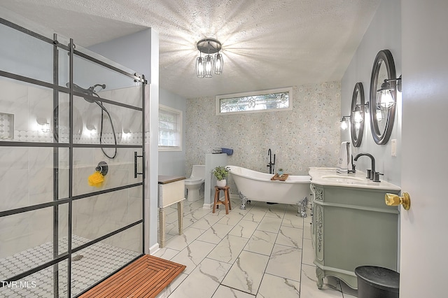 1108 Glen St, Bristol, TN 37620 - full bathroom with marble finish flooring, a freestanding tub, vanity, a shower stall, and a textured ceiling