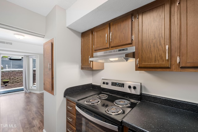 182 Sierra Pl Unit 182, Bristol, VA 24201 - kitchen featuring under cabinet range hood, stainless steel range with electric cooktop, dark countertops, and wood finished floors