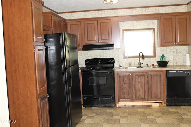 402 Beeline Rd, Duffield, VA 24244 - kitchen featuring black appliances, tasteful backsplash, under cabinet range hood, brown cabinetry, and stone finish floors