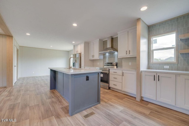 106 Iris Ln, Fall Branch, TN 37656 - kitchen with appliances with stainless steel finishes, wall chimney exhaust hood, light countertops, decorative backsplash, and light wood-style floors