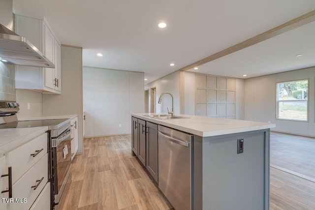 106 Iris Ln, Fall Branch, TN 37656 - kitchen with stainless steel appliances, wall chimney range hood, light wood-type flooring, an island with sink, and light countertops