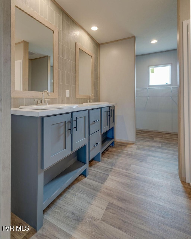 106 Iris Ln, Fall Branch, TN 37656 - bathroom with double vanity, tasteful backsplash, wood finished floors, a walk in closet, and recessed lighting
