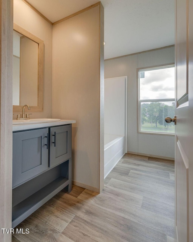 106 Iris Ln, Fall Branch, TN 37656 - full bathroom with vanity, wood finished floors, a bath, and ornamental molding