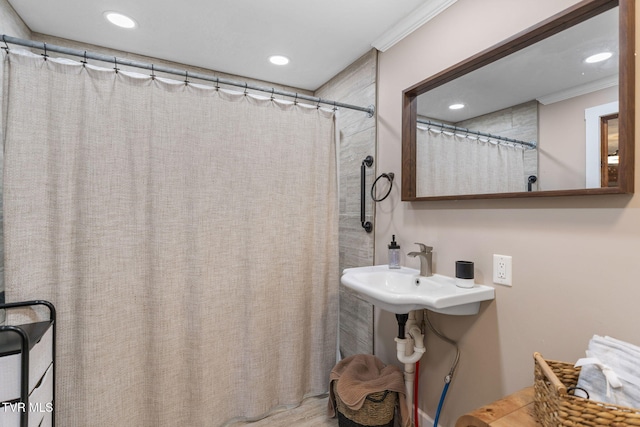2169 Ranch Rd, Dandridge, TN 37725 - bathroom featuring recessed lighting, ornamental molding, and a shower with shower curtain