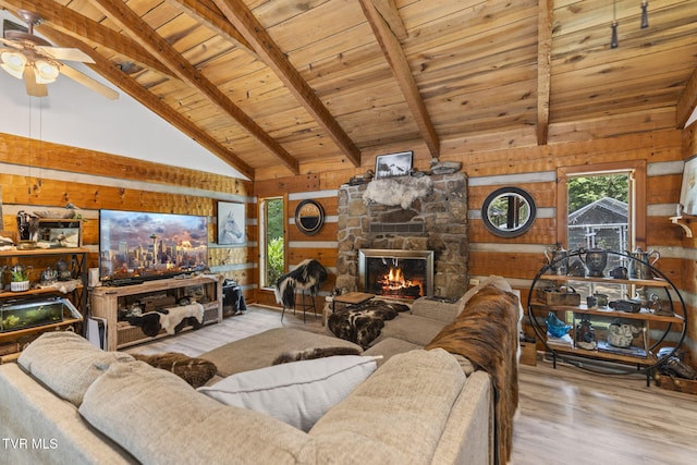 2169 Ranch Rd, Dandridge, TN 37725 - living room featuring wood walls, a wood ceiling with exposed beams, wood finished floors, ceiling fan, and a stone fireplace