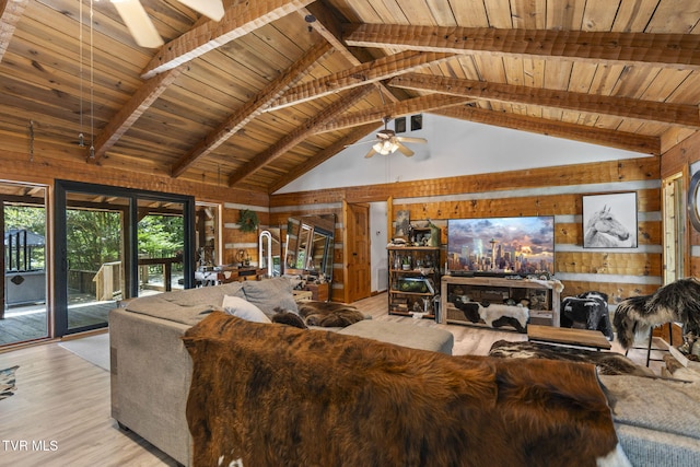 2169 Ranch Rd, Dandridge, TN 37725 - living area featuring ceiling fan, wooden walls, a wooden ceiling with exposed beams, high vaulted ceiling, and light wood-type flooring