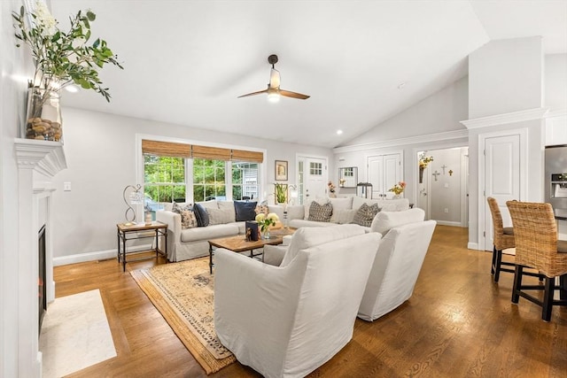 16 Lochmont St, North Attleboro, MA 02760 - living room with a ceiling fan, a fireplace with flush hearth, wood finished floors, recessed lighting, and high vaulted ceiling
