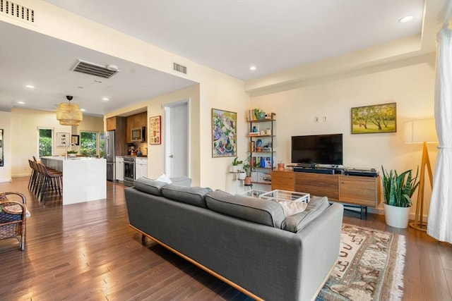 living room with dark wood-type flooring