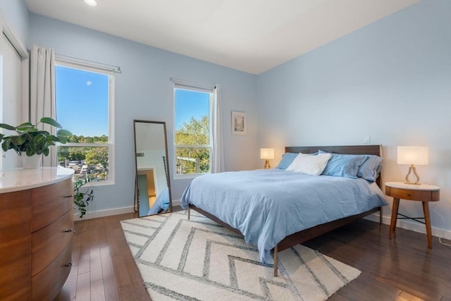 bedroom with dark hardwood / wood-style floors and multiple windows