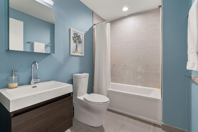 full bathroom featuring vanity, tile patterned flooring, shower / bathtub combination with curtain, and toilet