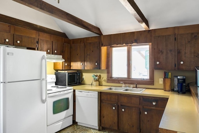 62 Monomoy Cir, Barnstable, MA 02632 - kitchen featuring white appliances, ventilation hood, a sink, light countertops, and light flooring