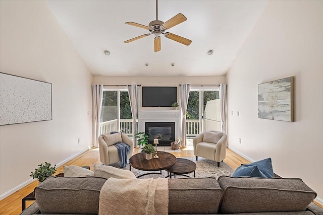 9 Edward Dr Unit 9, Grafton, MA 01536 - living room with a ceiling fan, light wood-style floors, a glass covered fireplace, baseboards, and high vaulted ceiling