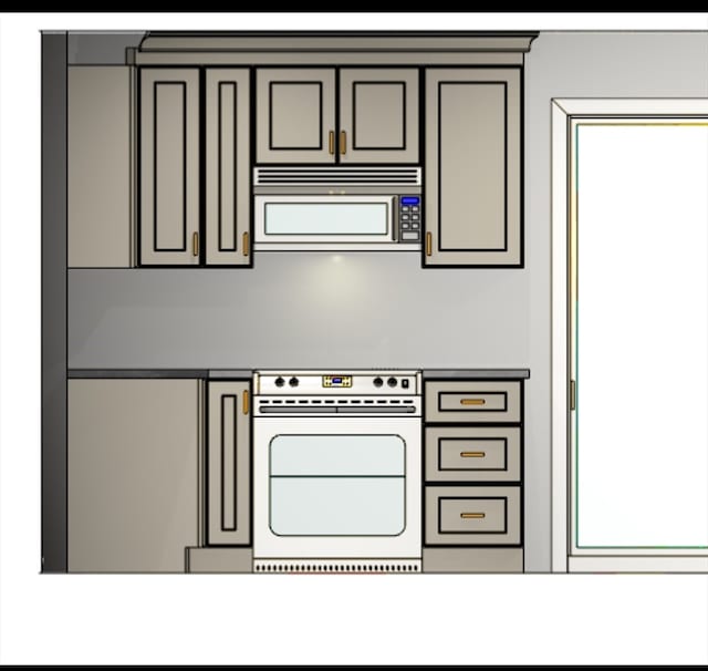 kitchen with gray cabinets, stainless steel microwave, and a wealth of natural light