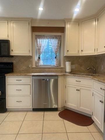 kitchen with a sink, light tile patterned floors, stove, black microwave, and stainless steel dishwasher