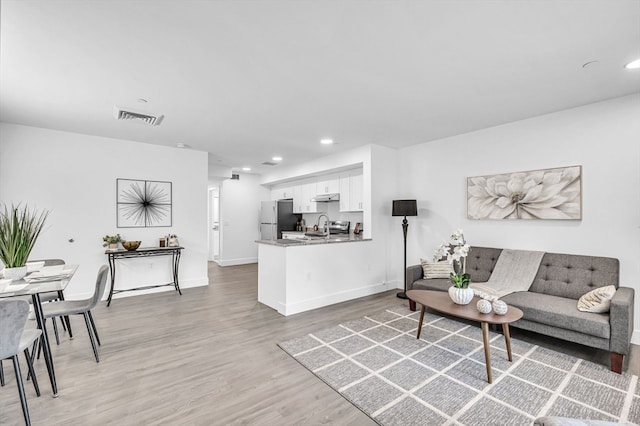 living room with sink and light hardwood / wood-style flooring