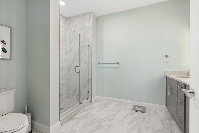 full bath with baseboards, toilet, marble finish floor, and a shower stall