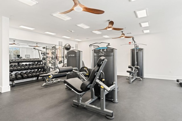 gym featuring visible vents, ceiling fan, and baseboards