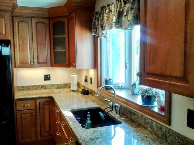 kitchen featuring a sink, healthy amount of natural light, freestanding refrigerator, and glass insert cabinets
