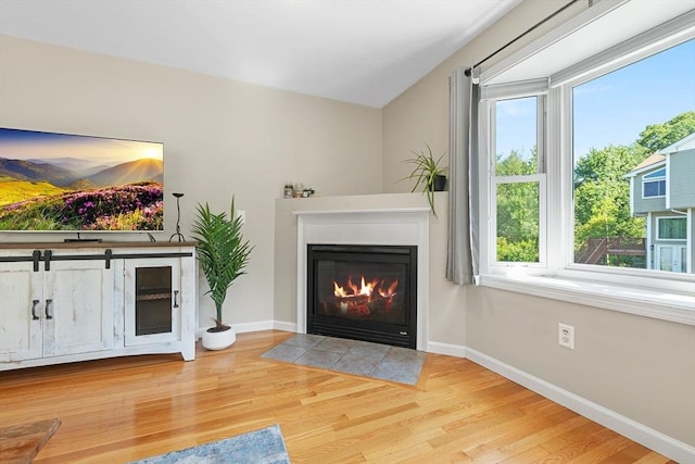 unfurnished living room featuring baseboards, a fireplace with flush hearth, a healthy amount of sunlight, and wood finished floors