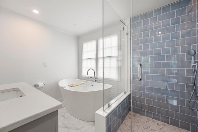 1051 Randolph Ave, Milton, MA 02186 - bathroom with vanity, a shower stall, a freestanding bath, crown molding, and marble finish flooring