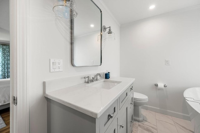 1051 Randolph Ave, Milton, MA 02186 - ensuite bathroom featuring vanity, baseboards, crown molding, toilet, and marble finish flooring