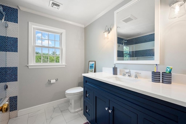 1051 Randolph Ave, Milton, MA 02186 - full bath featuring marble look tiles, crown molding, toilet, vanity, and tiled shower